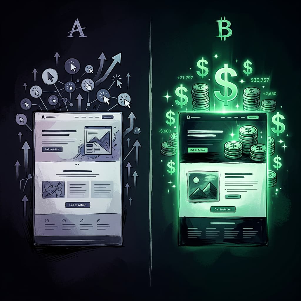 Split-screen A/B test — clicks vs revenue, version B glowing green with dollar signs
