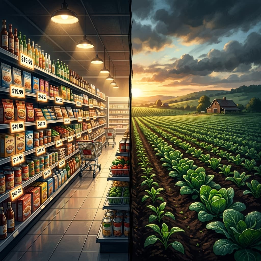 Split scene — expensive grocery store aisle vs lush green farm at dawn