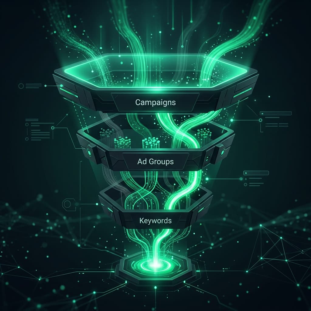 Layered campaign funnel with emerald green data flowing through campaigns, ad groups, and keywords