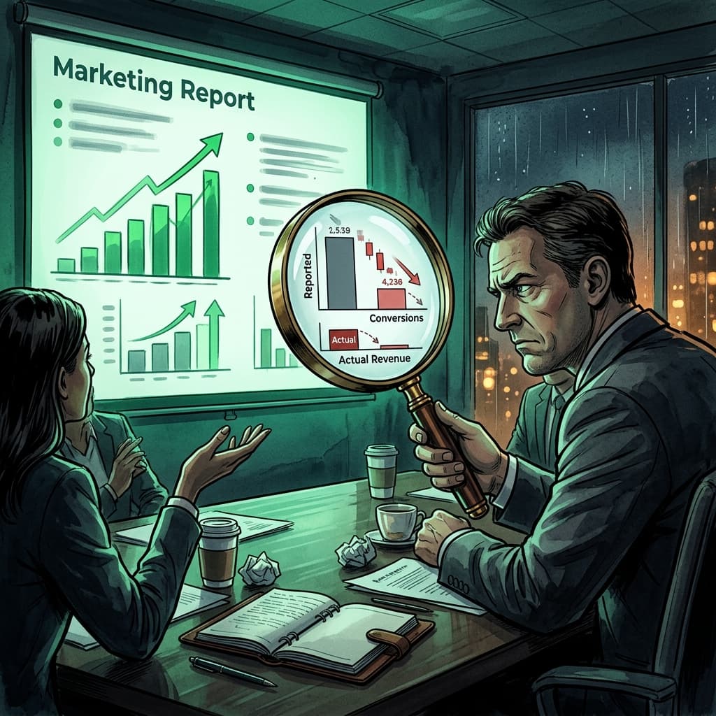 Business owner with magnifying glass revealing real numbers behind polished marketing report