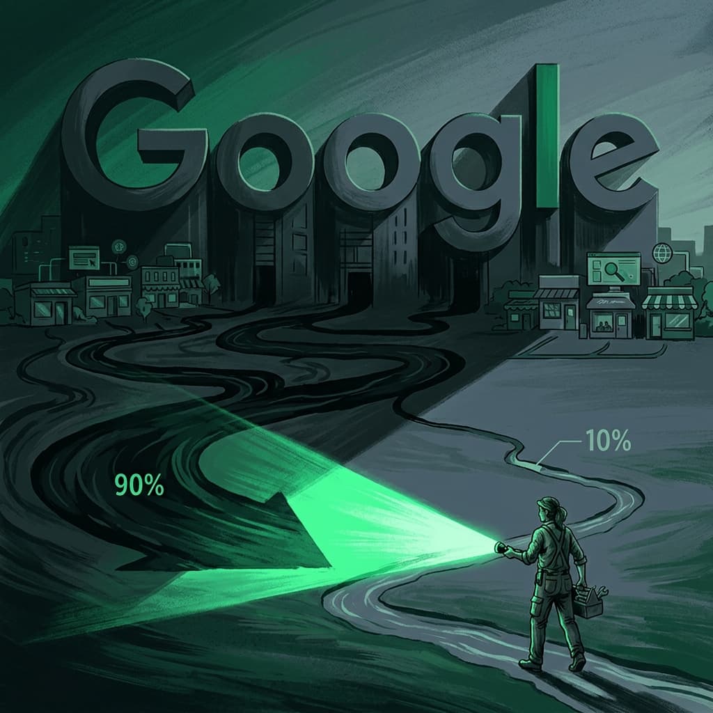 Small business owner shining a spotlight revealing 90% of money flowing to Google